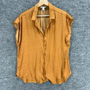 Nine West Shirt Women L Large Brown Button Up Collared Short Sleeve Casual
